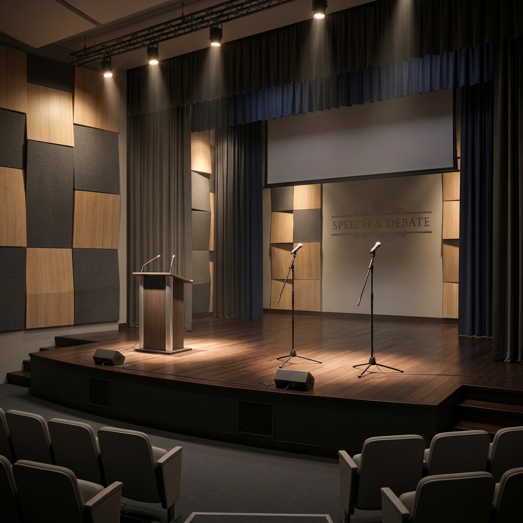 TCGS student speaking at auditorium podium